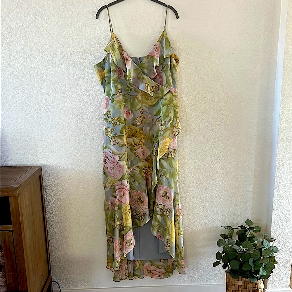 Express FLORAL PRINT RUFFLE FAUX WRAP HI-LO MAXI DRESS - Blue Pink Yellow